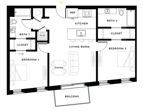 Floor plan for 2 beds, 2 baths, 886 sqft